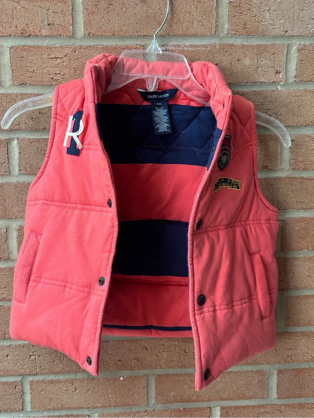 Ralph Lauren Girls 6X Quilted Vest Coral Navy Equestrian Crest Preppy